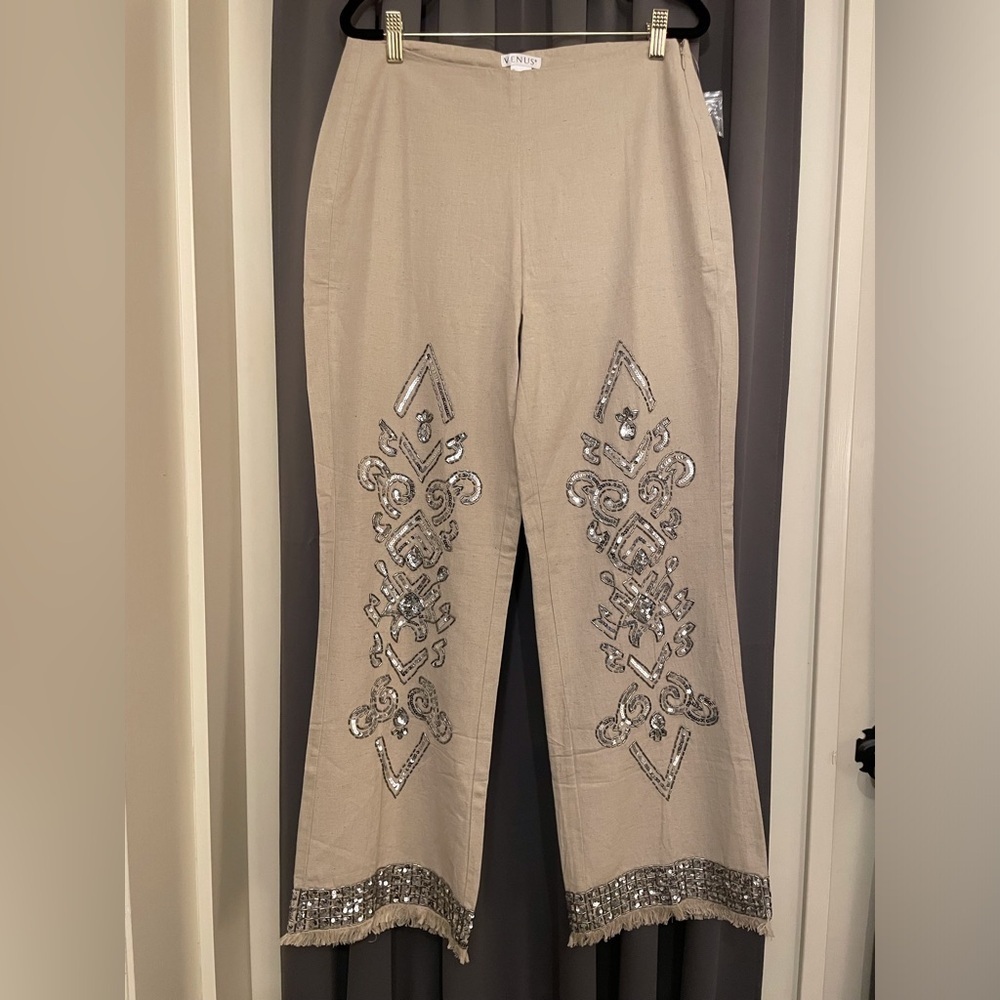 Venus Pants Beaded Linen Blend Bohemian Tan Size 8